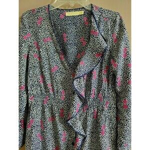 Pins & Needles Dress Small Navy Blue Pink Botanical Long Sleeve Ruffle Stretch